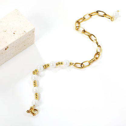 Bulk Pearl & Paperclip Bracelet 304L Steel Gold Plated 3mm Beads + 6mm Faux Pearl