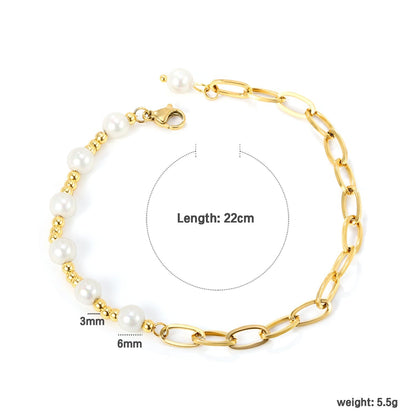 Bulk Pearl & Paperclip Bracelet 304L Steel Gold Plated 3mm Beads + 6mm Faux Pearl
