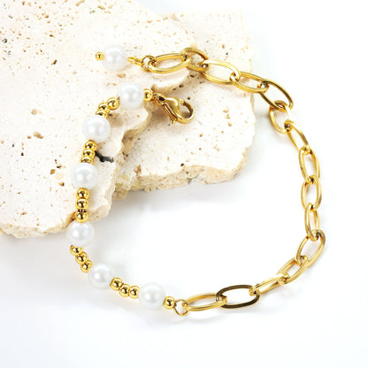 Bulk Pearl & Paperclip Bracelet 304L Steel Gold Plated 3mm Beads + 6mm Faux Pearl