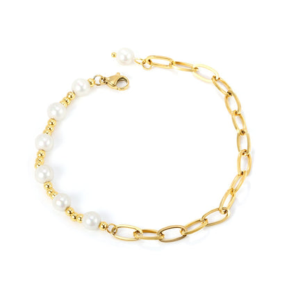 Bulk Pearl & Paperclip Bracelet 304L Steel Gold Plated 3mm Beads + 6mm Faux Pearl