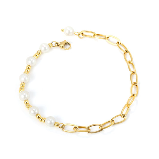 Bulk Pearl & Paperclip Bracelet 304L Steel Gold Plated 3mm Beads + 6mm Faux Pearl