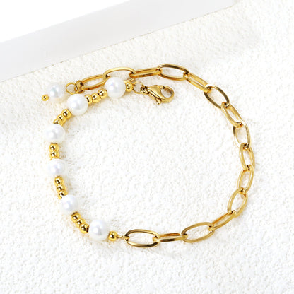 Bulk Pearl & Paperclip Bracelet 304L Steel Gold Plated 3mm Beads + 6mm Faux Pearl