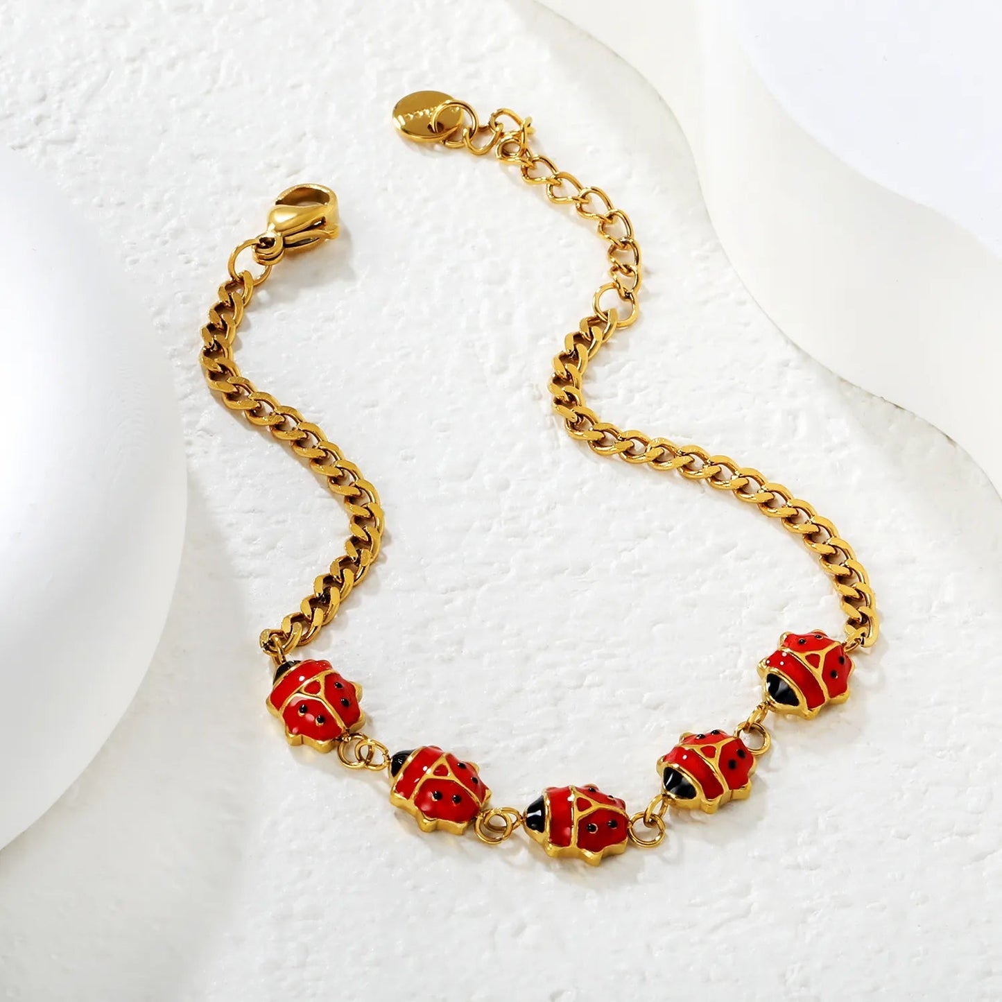 Bulk Red Ladybug Cuban Bracelet 304L Steel Gold Plated Hypoallergenic 8x7.5mm Beads