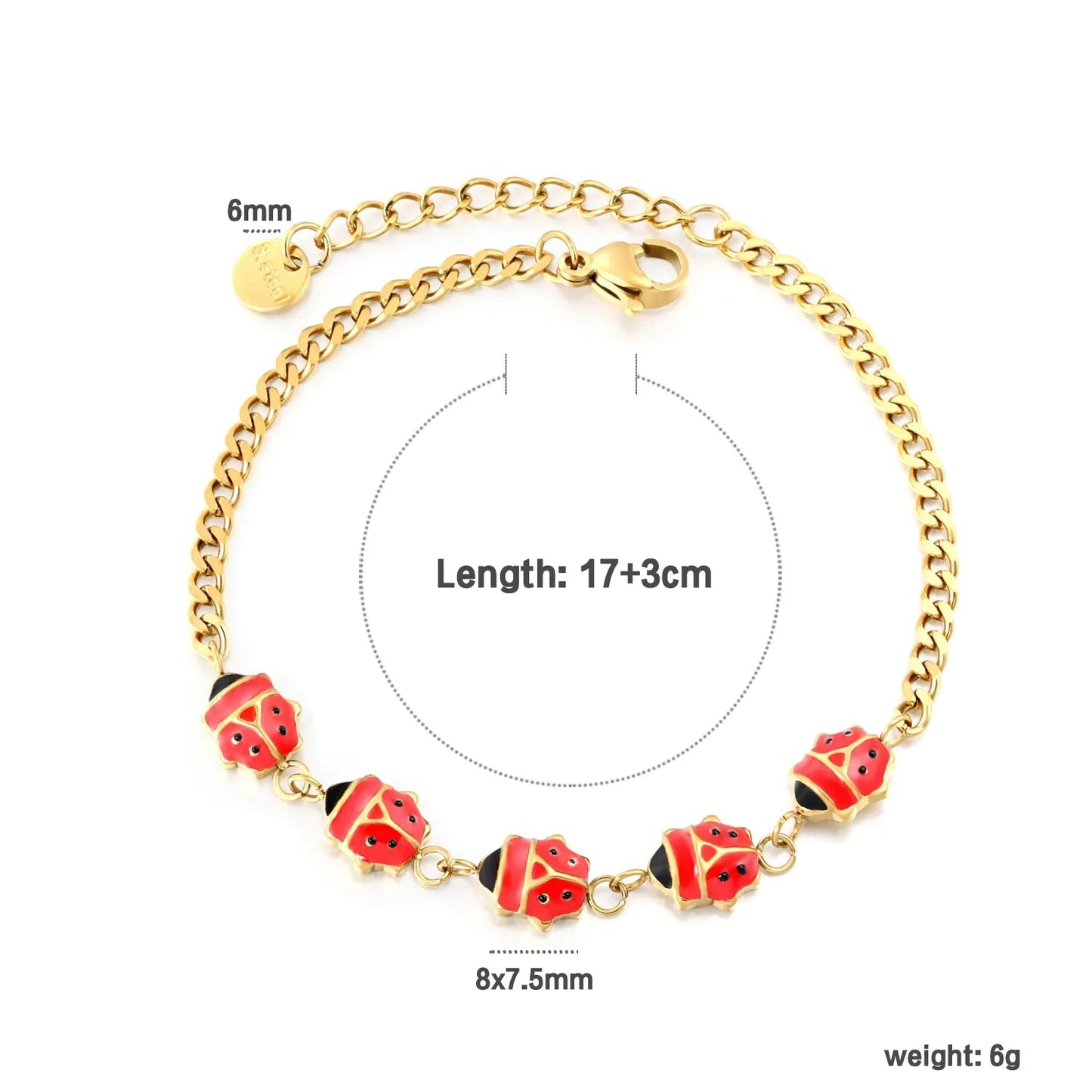 Bulk Red Ladybug Cuban Bracelet 304L Steel Gold Plated Hypoallergenic 8x7.5mm Beads
