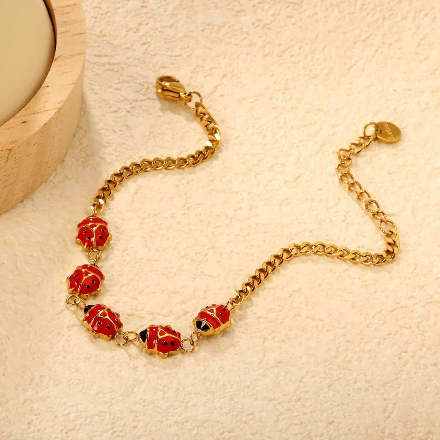 Bulk Red Ladybug Cuban Bracelet 304L Steel Gold Plated Hypoallergenic 8x7.5mm Beads