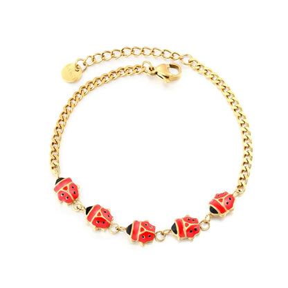 Bulk Red Ladybug Cuban Bracelet 304L Steel Gold Plated Hypoallergenic 8x7.5mm Beads