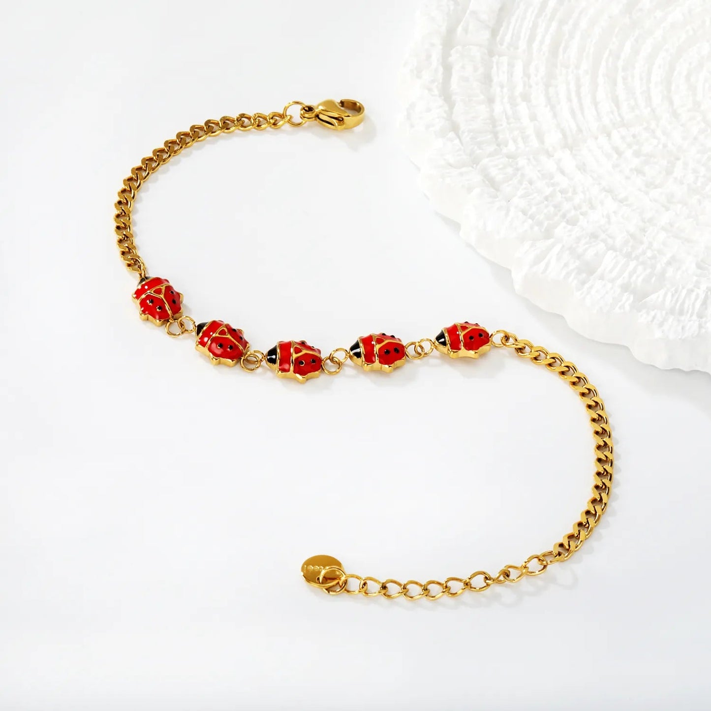 Bulk Red Ladybug Cuban Bracelet 304L Steel Gold Plated Hypoallergenic 8x7.5mm Beads