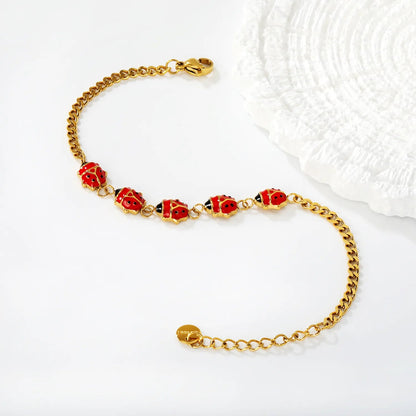 Bulk Red Ladybug Cuban Bracelet 304L Steel Gold Plated Hypoallergenic 8x7.5mm Beads