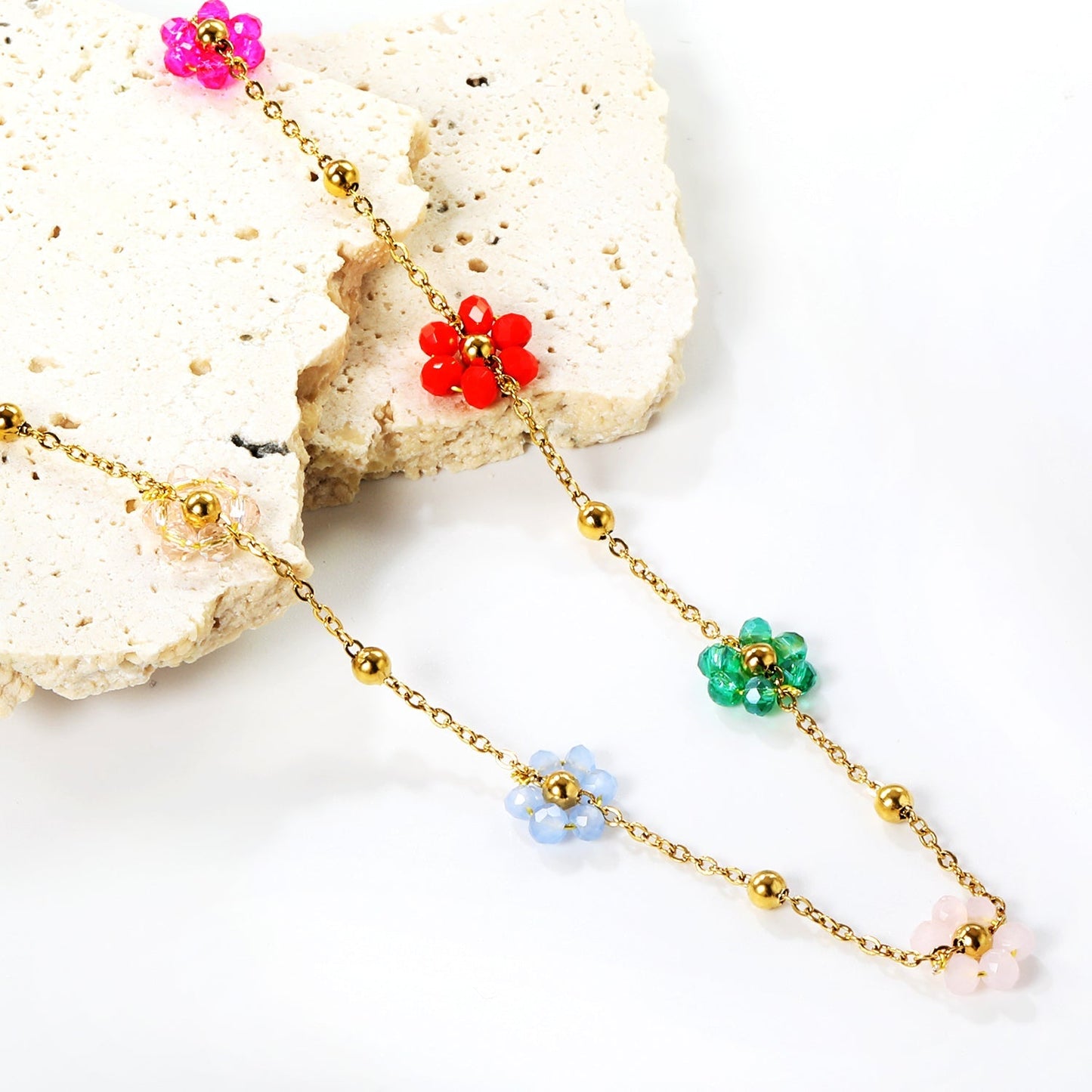 Bulk Stainless Steel Flower Necklace | Rainbow Beaded Jewelry Supplier