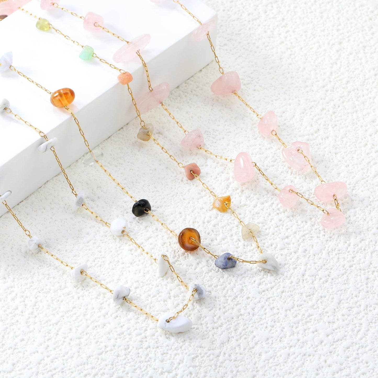 Bulk Stainless Steel Natural Stone Necklace | Rainbow Chip Jewelry Supplier