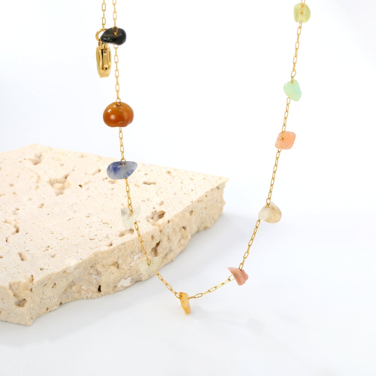 Bulk Stainless Steel Natural Stone Necklace | Rainbow Chip Jewelry Supplier