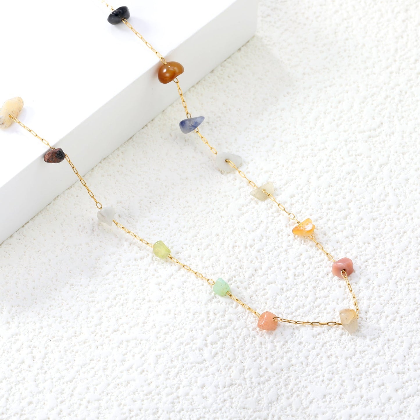 Bulk Stainless Steel Natural Stone Necklace | Rainbow Chip Jewelry Supplier