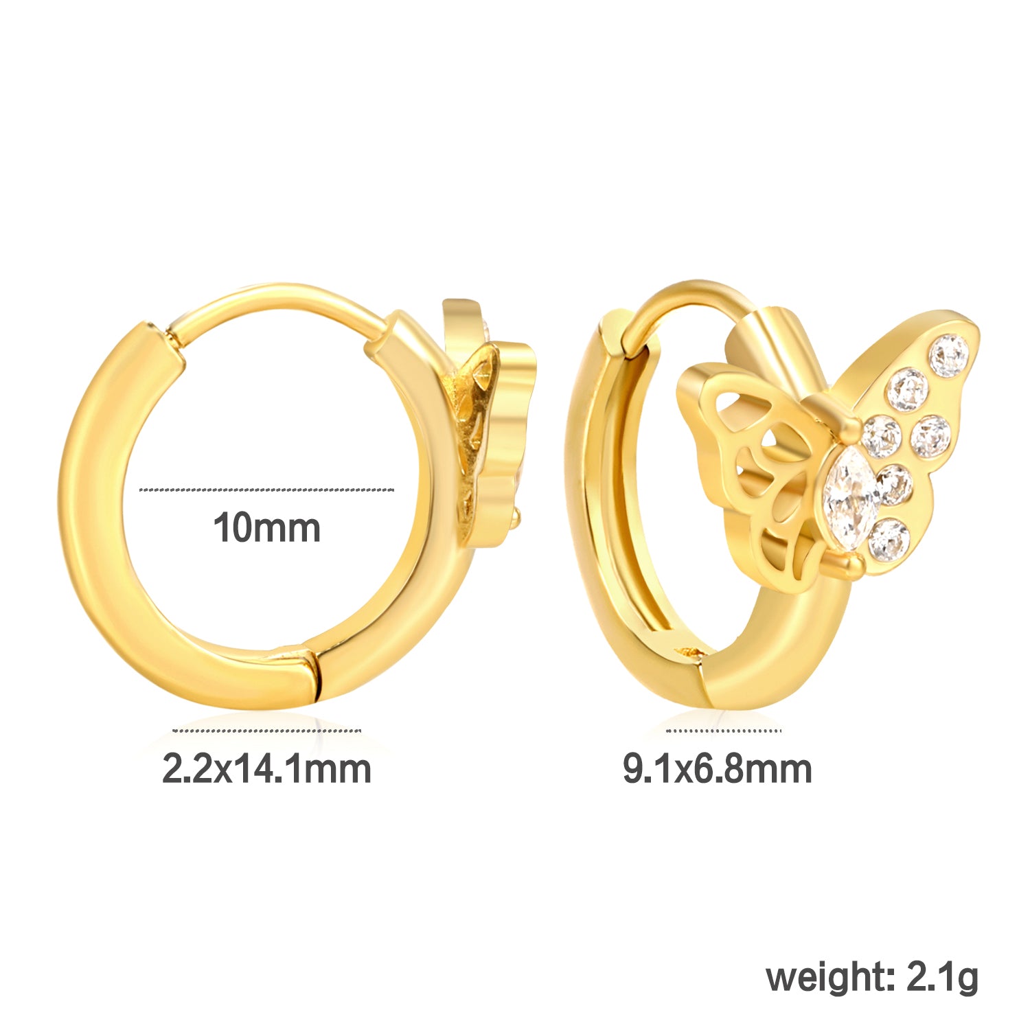 Bulk 18K Gold Plated Airy Hollow Butterfly Zircon Hoop Earringsdimension diagram with measurements