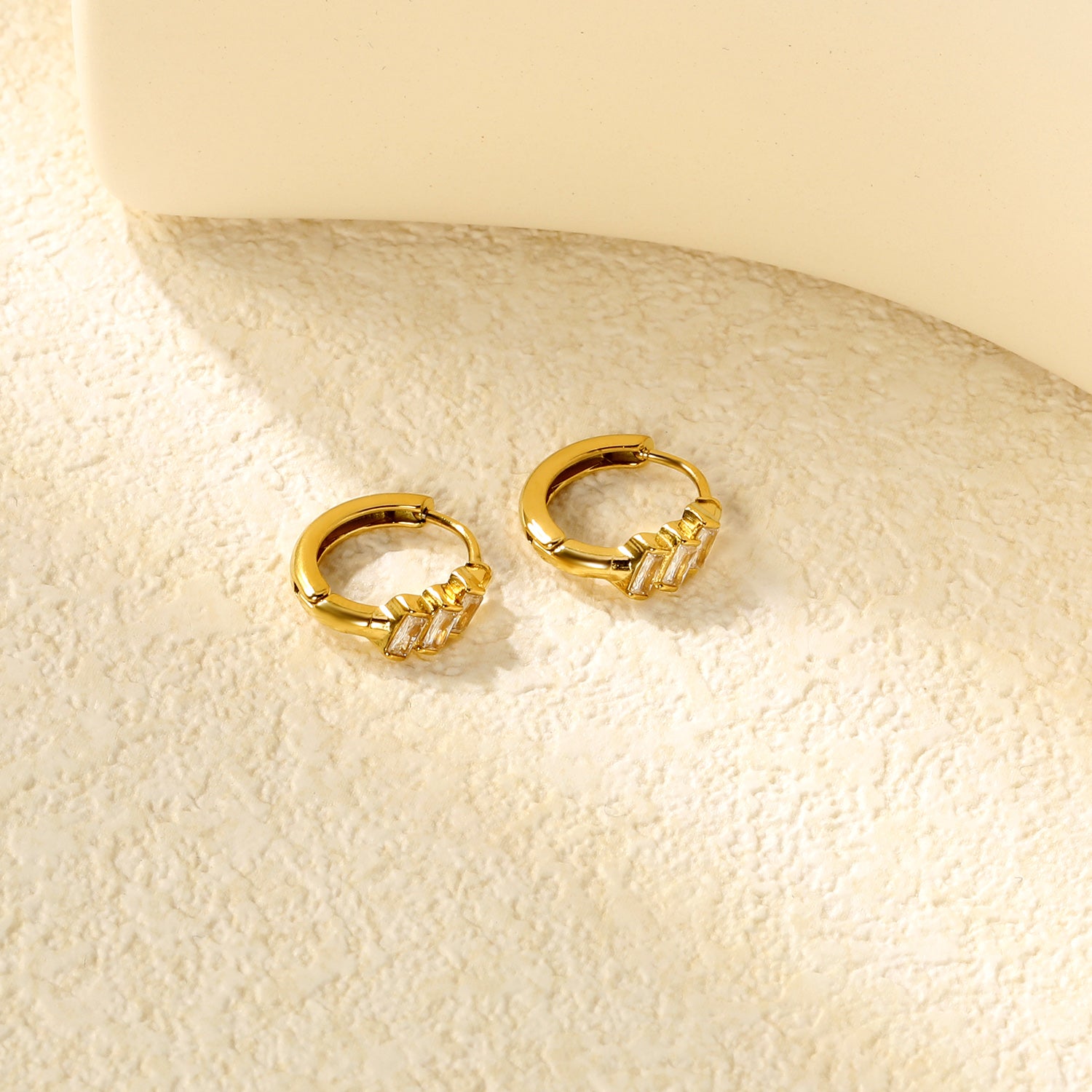 Bulk 18K Gold Plated Asymmetrical Square Zircon Hoop EarringsClose-ups of the gold plating and details