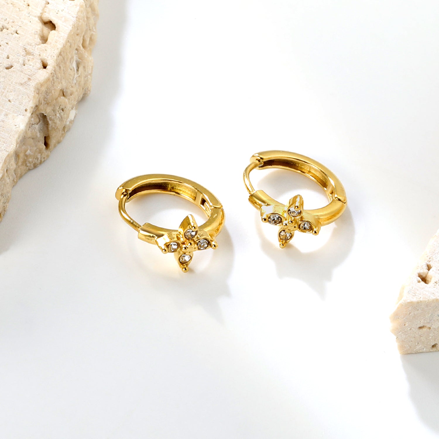 Bulk 18K Gold Plated Botanical Cross-Flower Zircon Hoop EarringsHigh-resolution Lifestyle Photos
