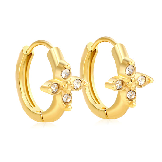 Bulk 18K Gold Plated Botanical Cross-Flower Zircon Hoop EarringsHigh-resolution on white background