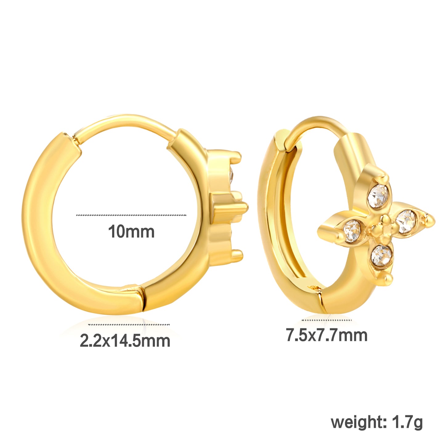 Bulk 18K Gold Plated Botanical Cross-Flower Zircon Hoop Earringsdimension diagram with measurements
