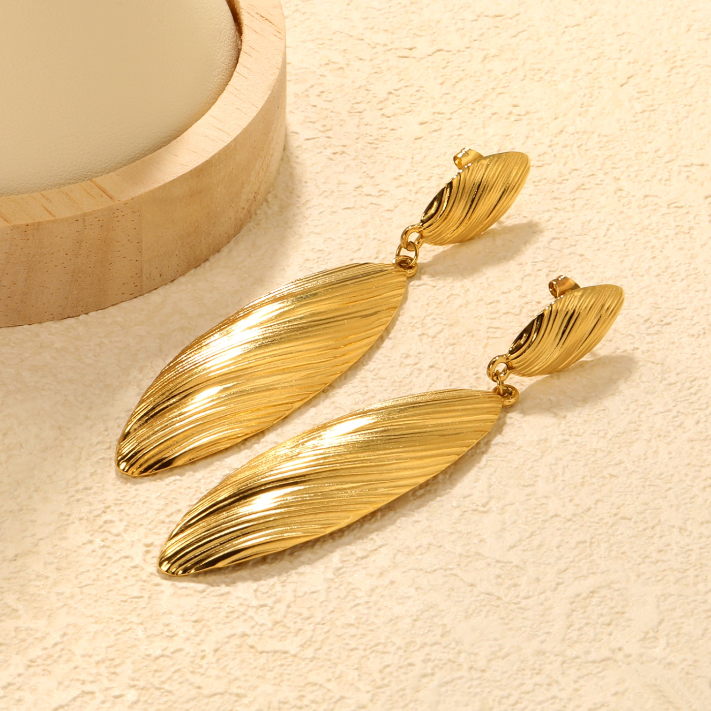 Bulk 18K Gold Plated Botanical Leaf Texture Drop StudsClose-ups of the gold plating and details