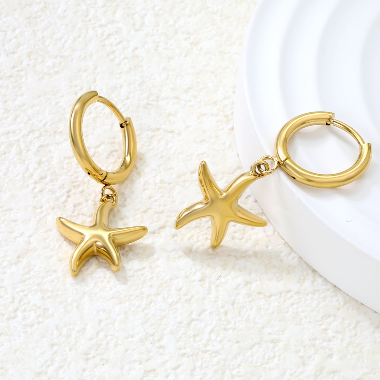 Bulk 18K Gold Plated Botanical Starfish Charm Hoop EarringsHigh-resolution Lifestyle Photos