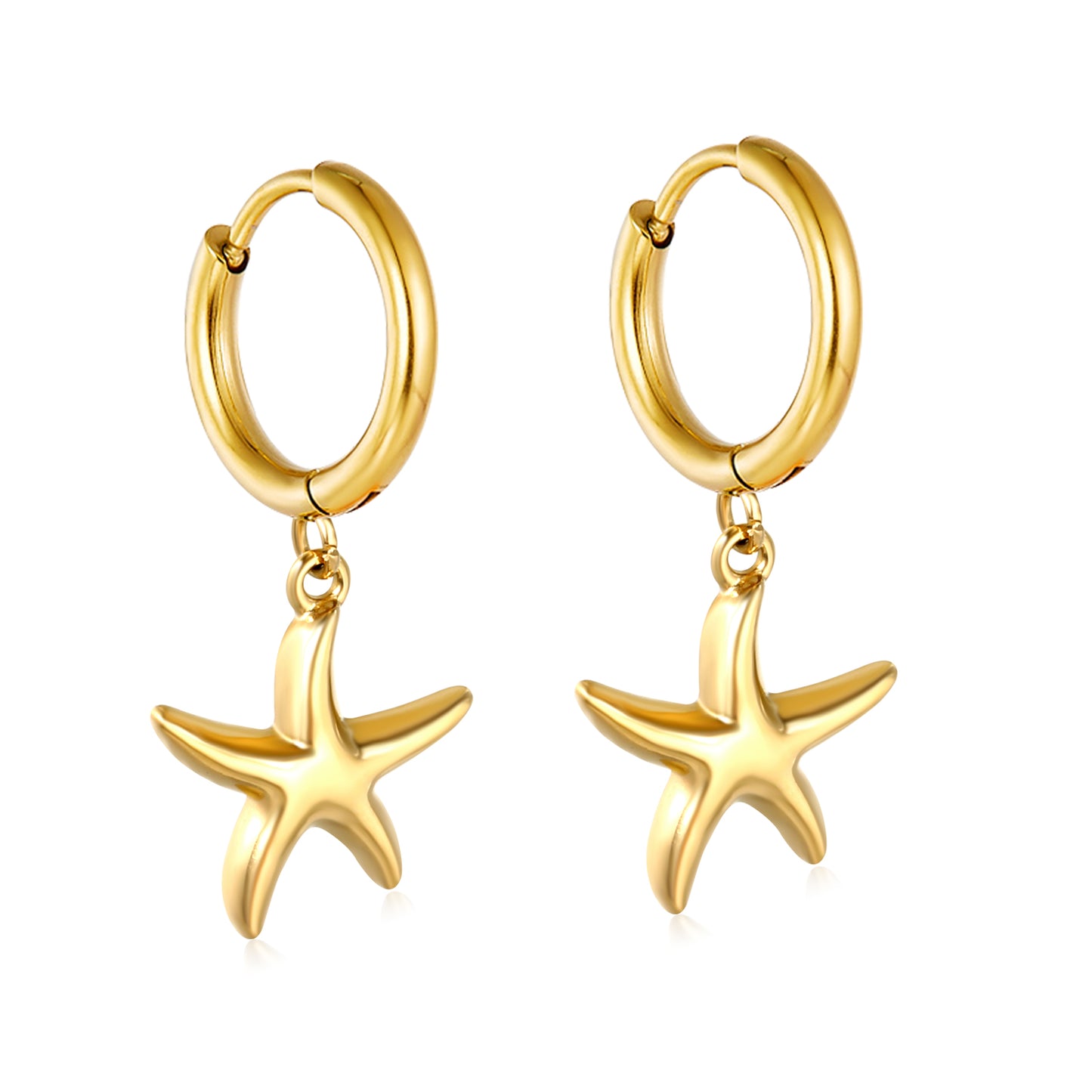 Bulk 18K Gold Plated Botanical Starfish Charm Hoop EarringsHigh-resolution on white background