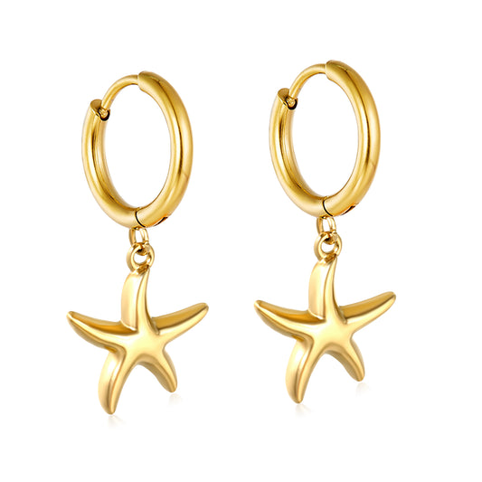 Bulk 18K Gold Plated Botanical Starfish Charm Hoop EarringsHigh-resolution on white background