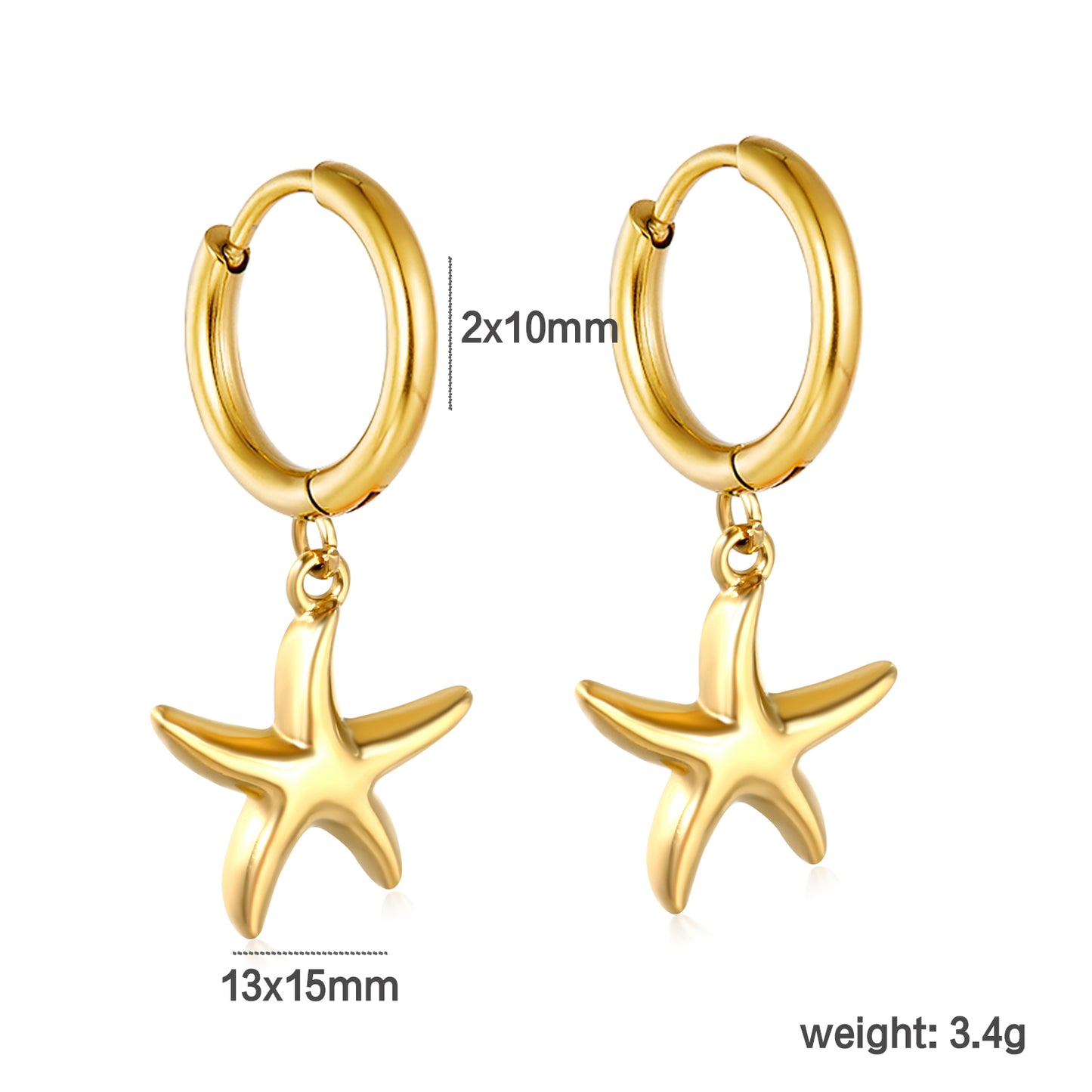 Bulk 18K Gold Plated Botanical Starfish Charm Hoop Earringsdimension diagram with measurements
