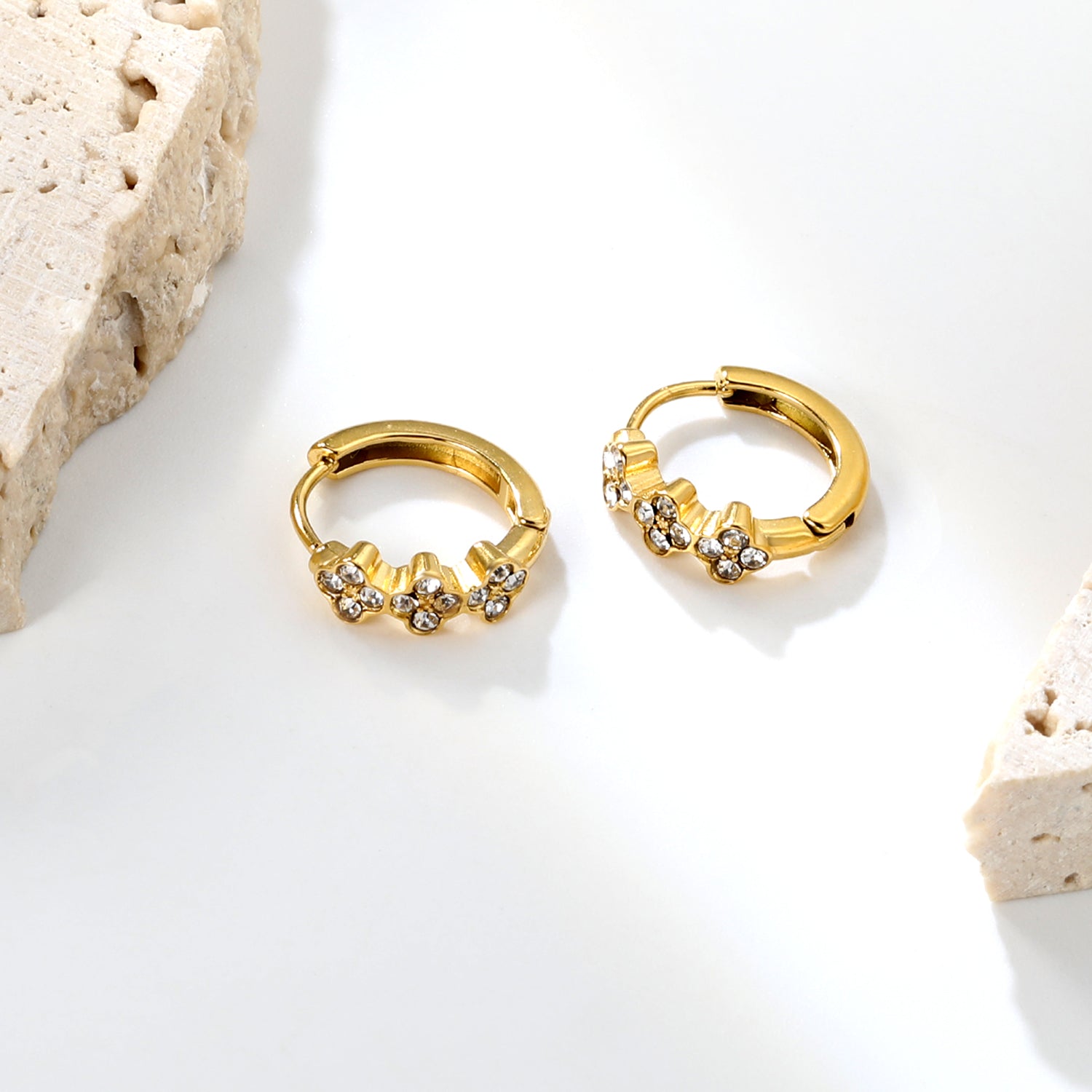 Bulk 18K Gold Plated Botanical Triple Flower CZ Hoop EarringsHigh-resolution Lifestyle Photos