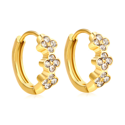 Bulk 18K Gold Plated Botanical Triple Flower CZ Hoop EarringsHigh-resolution on white background