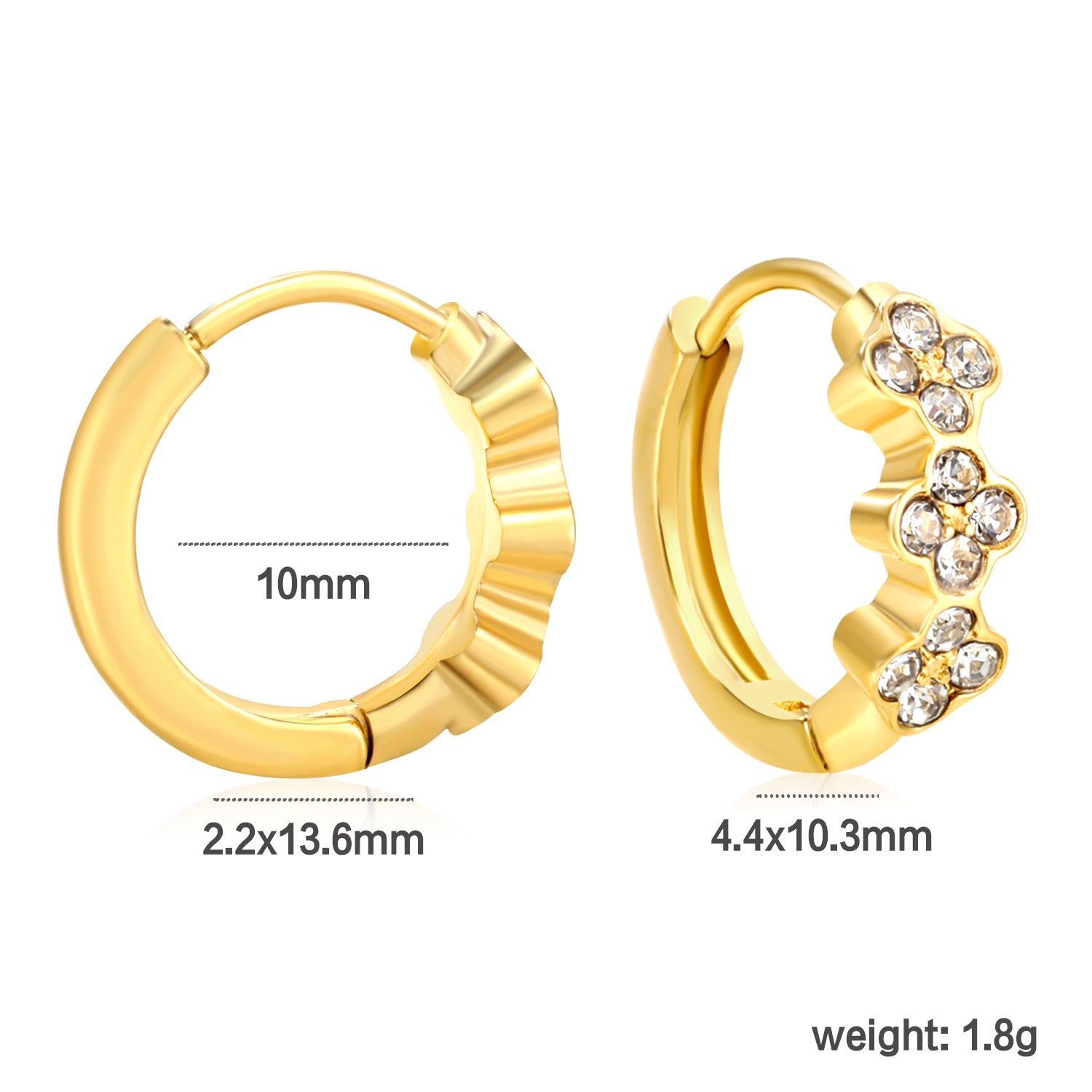 Bulk 18K Gold Plated Botanical Triple Flower CZ Hoop Earringsdimension diagram with measurements