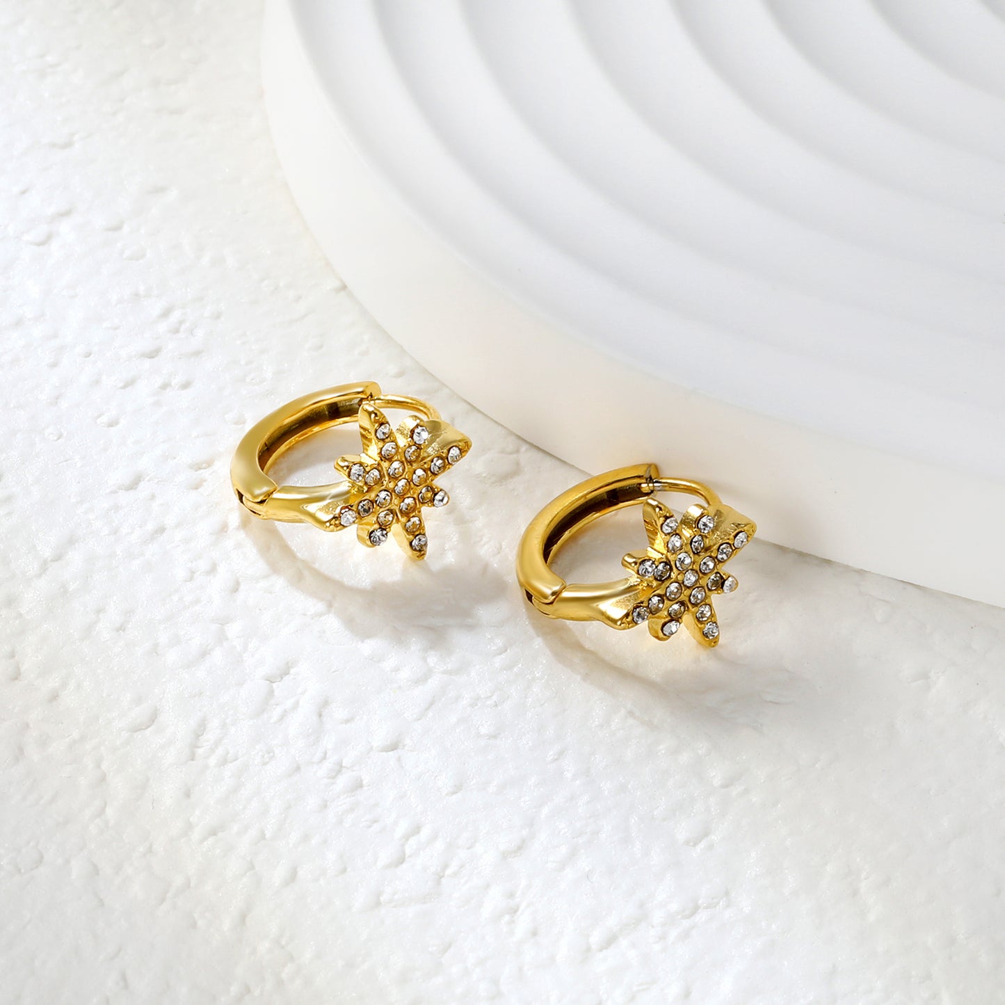 Bulk 18K Gold Plated Celestial Octagram CZ Hoop EarringsClose-up of the light-colored ambiance