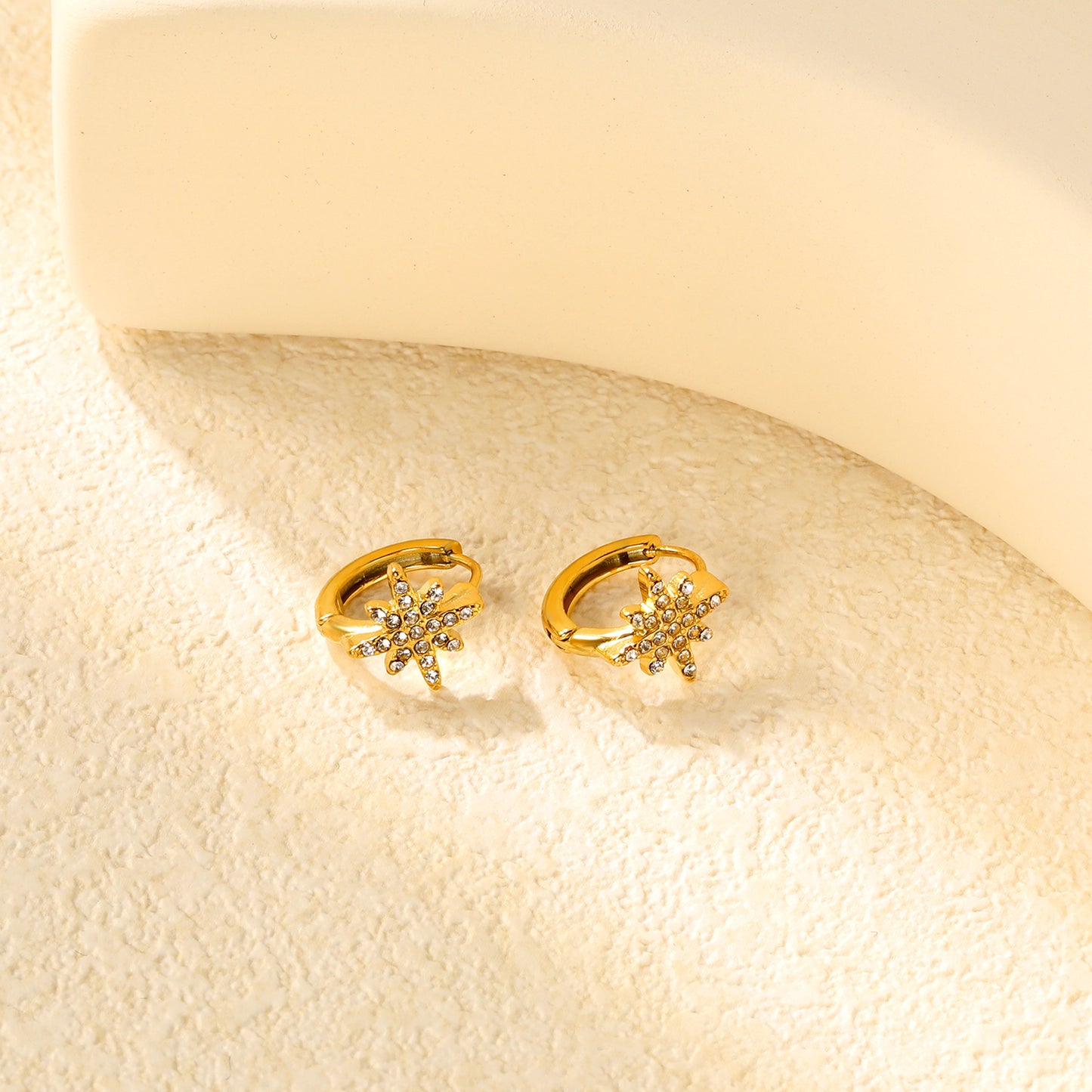 Bulk 18K Gold Plated Celestial Octagram CZ Hoop EarringsClose-ups of the gold plating and details