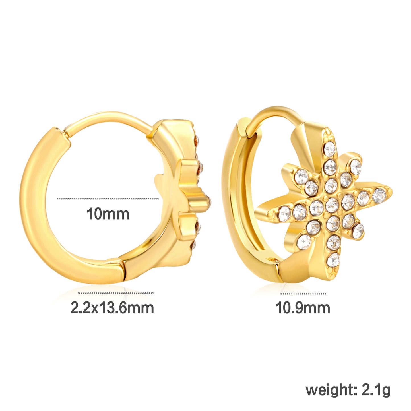 Bulk 18K Gold Plated Celestial Octagram CZ Hoop Earringsdimension diagram with measurements