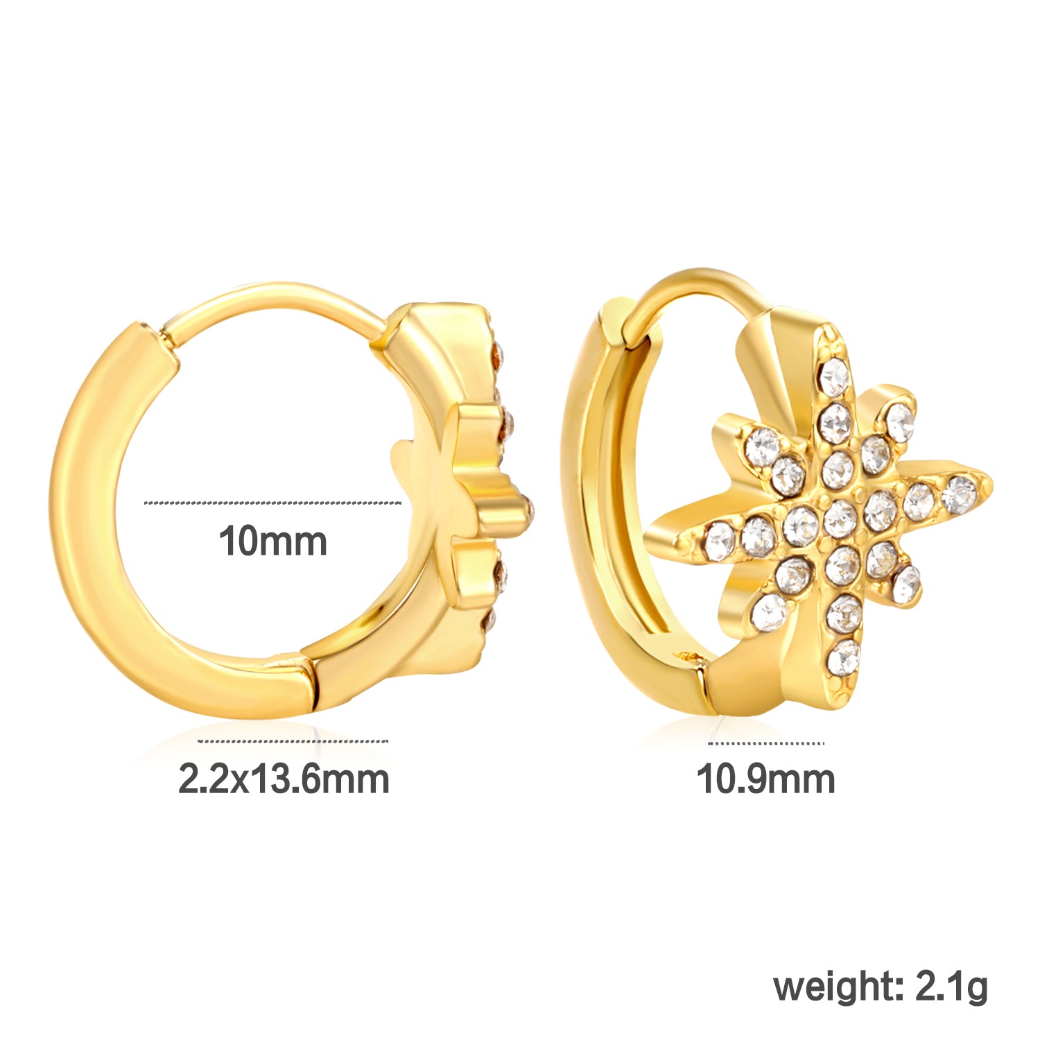 Bulk 18K Gold Plated Celestial Octagram CZ Hoop Earringsdimension diagram with measurements