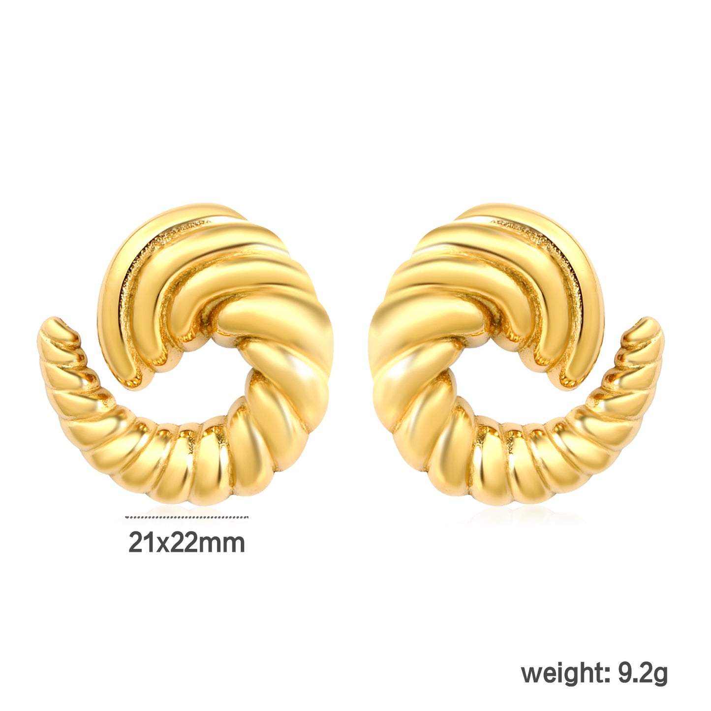 Bulk 18K Gold Plated Celestial Spiral Horn Stud Earringsdimension diagram with measurements