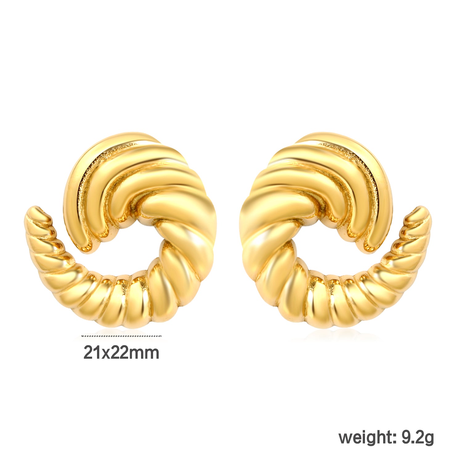 Bulk 18K Gold Plated Celestial Spiral Horn Stud Earringsdimension diagram with measurements