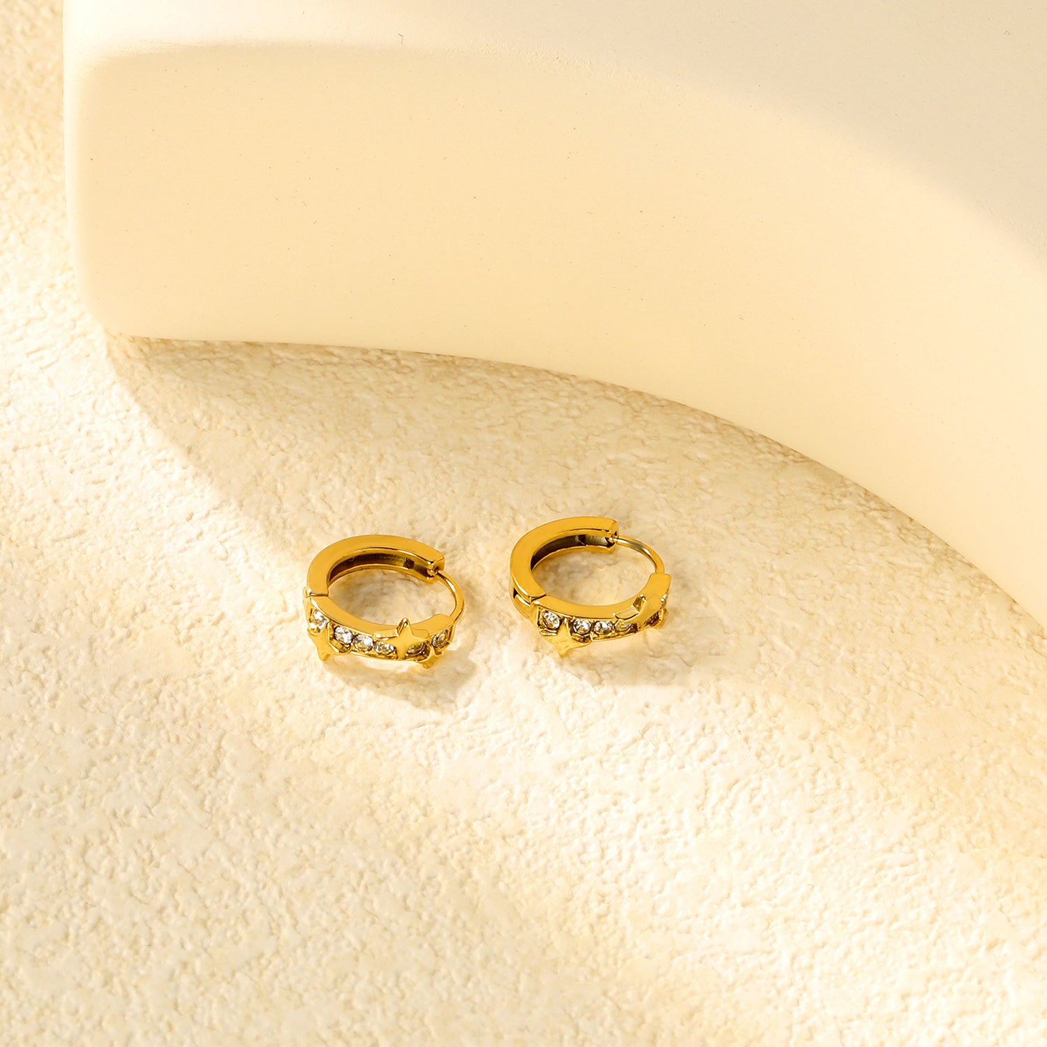 Bulk 18K Gold Plated Celestial Star Half-Circle CZ Hoop EarringsClose-ups of the gold plating and details