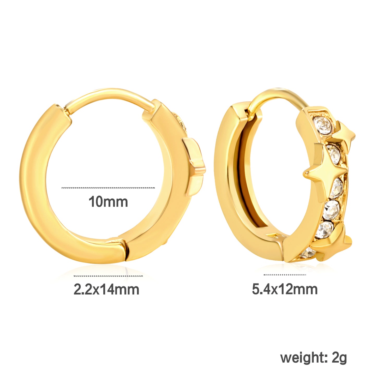 Bulk 18K Gold Plated Celestial Star Half-Circle CZ Hoop Earringsdimension diagram with measurements