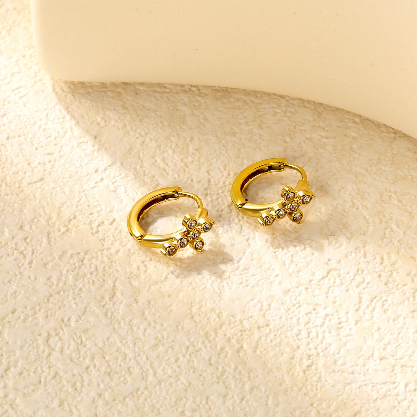 Bulk 18K Gold Plated Classic Cross CZ Hoop EarringsClose-ups of the gold plating and details