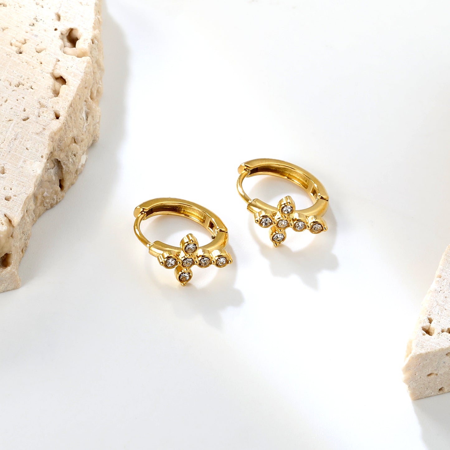Bulk 18K Gold Plated Classic Cross CZ Hoop EarringsHigh-resolution Lifestyle Photos