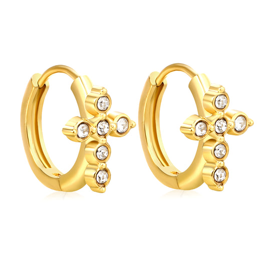 Bulk 18K Gold Plated Classic Cross CZ Hoop EarringsHigh-resolution on white background