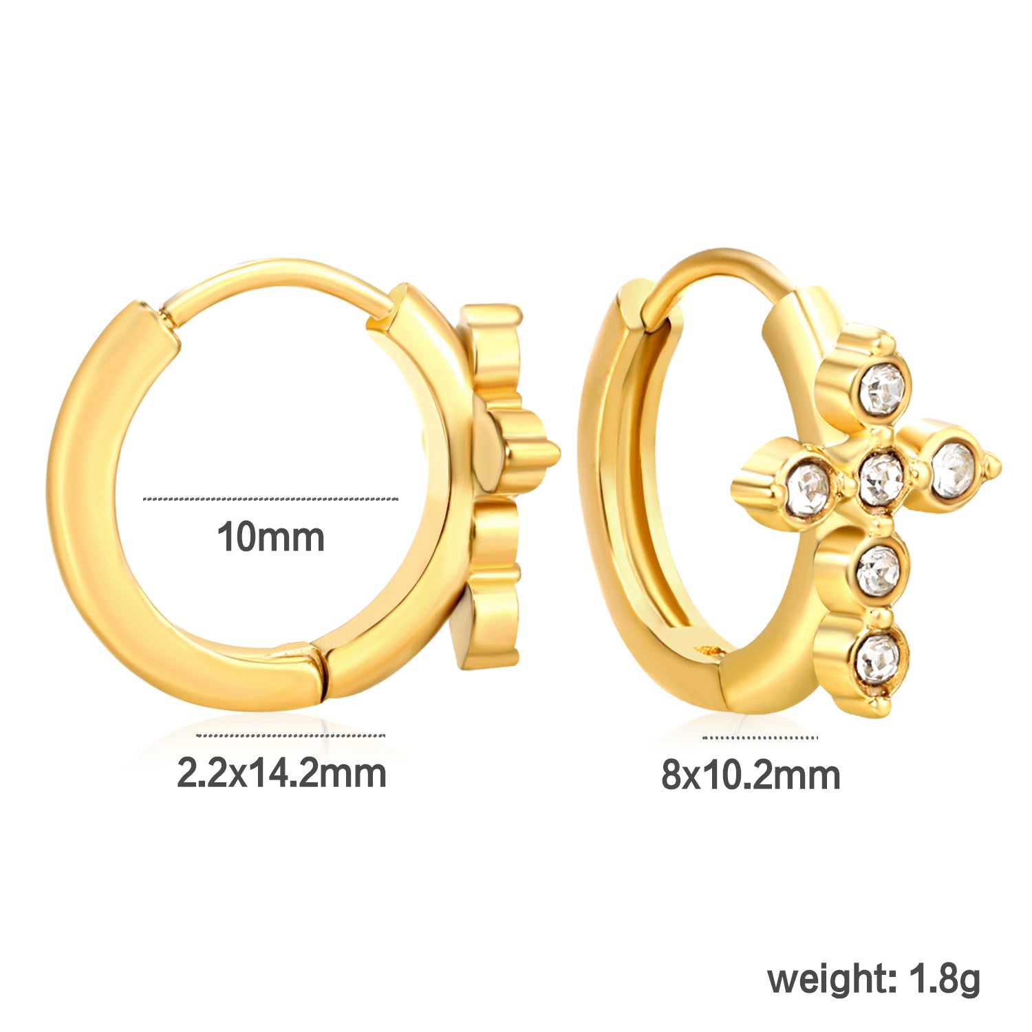 Bulk 18K Gold Plated Classic Cross CZ Hoop Earringsdimension diagram with measurements