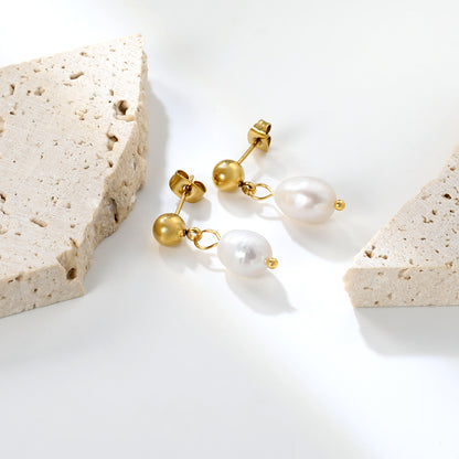 Bulk 18K Gold Plated Classic Pearl & Bead Drop StudsClose-ups of the gold plating and details