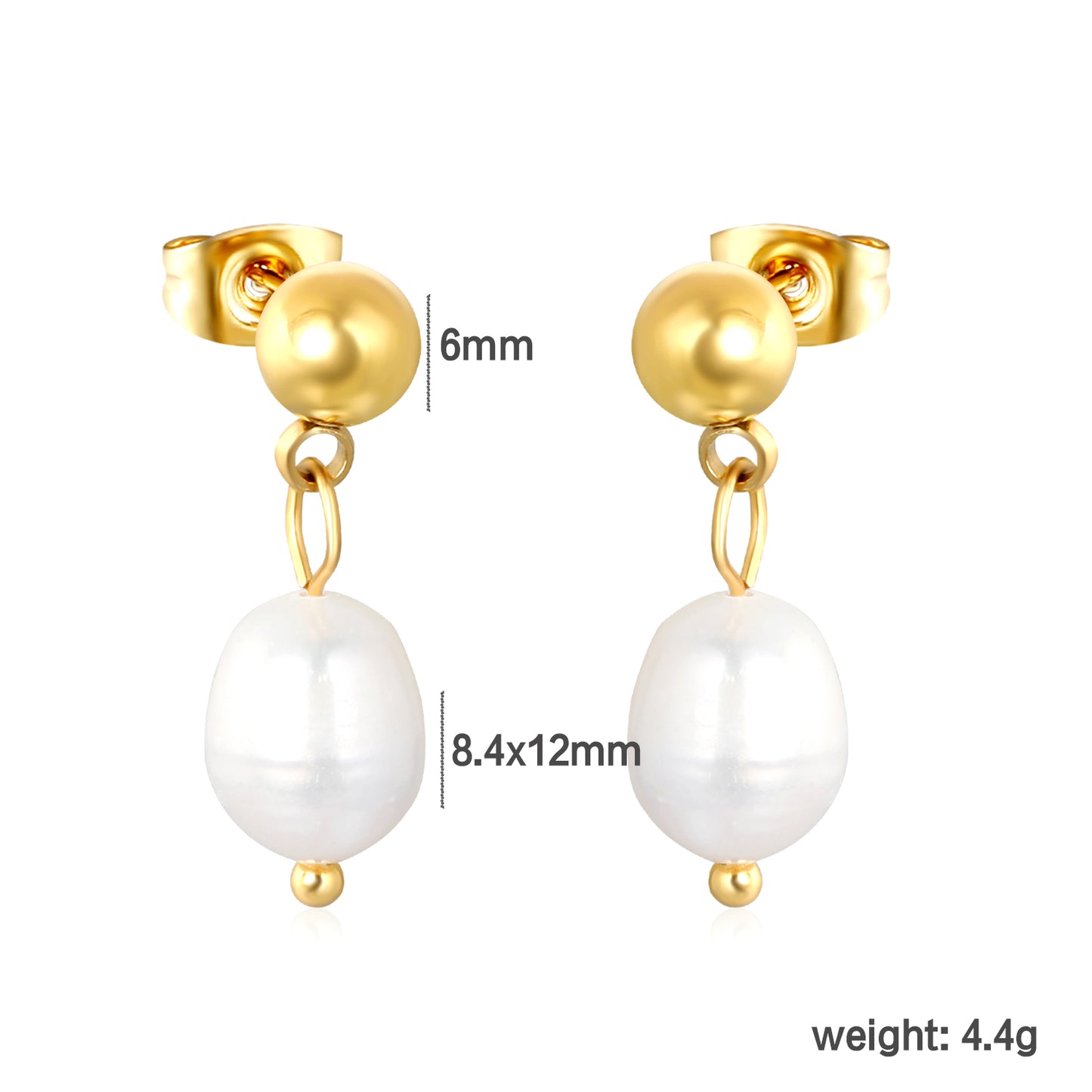 Bulk 18K Gold Plated Classic Pearl & Bead Drop Studsdimension diagram with measurements