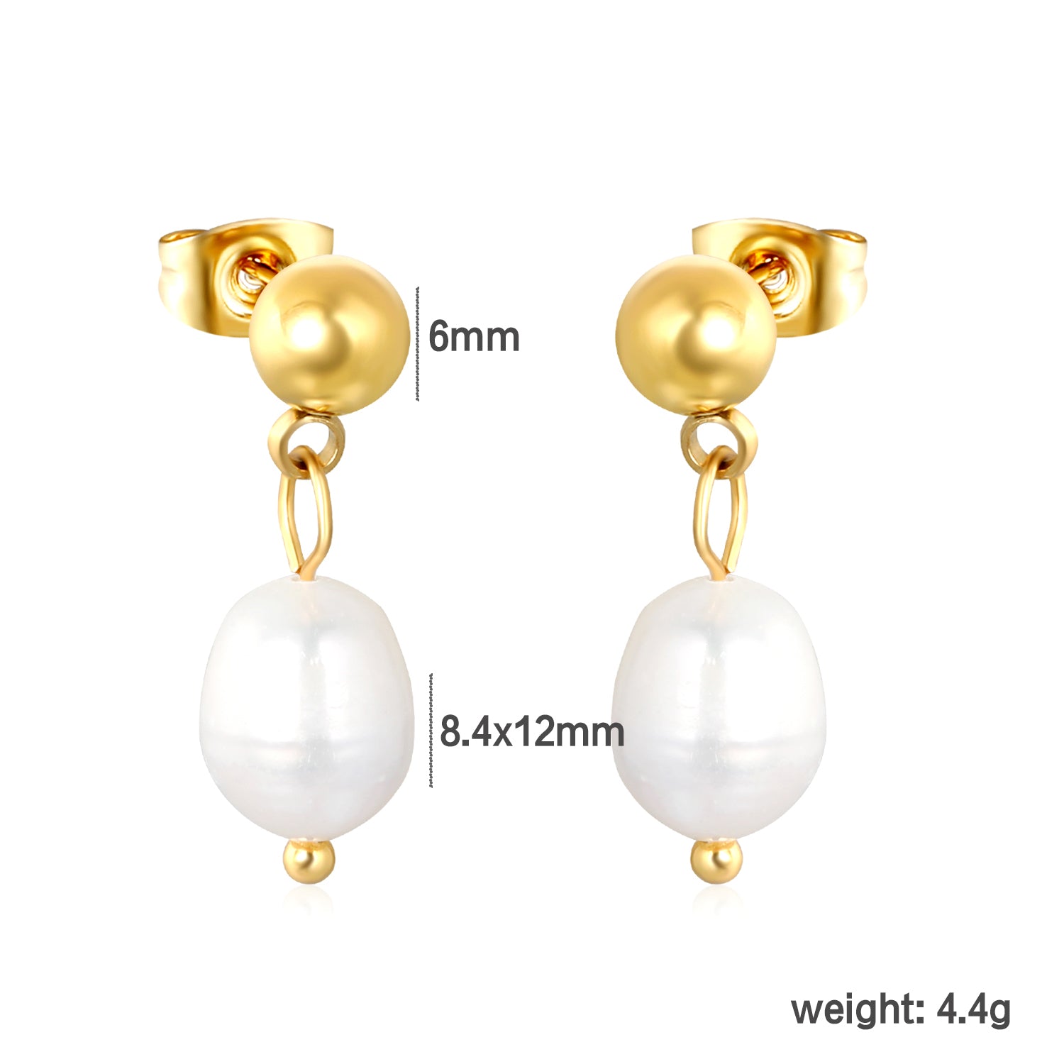 Bulk 18K Gold Plated Classic Pearl & Bead Drop Studsdimension diagram with measurements