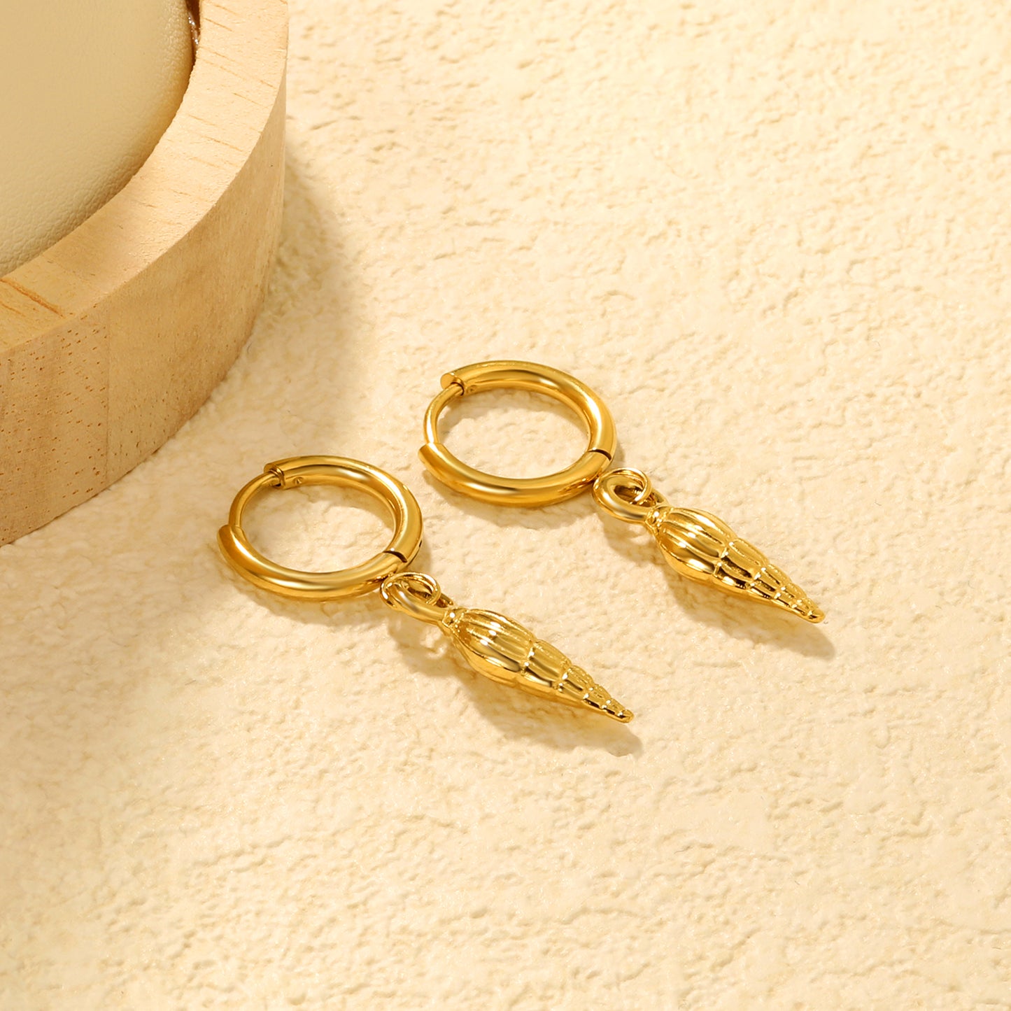 Bulk 18K Gold Plated Coastal Conch Shell Charm Hoop EarringsClose-ups of the gold plating and details