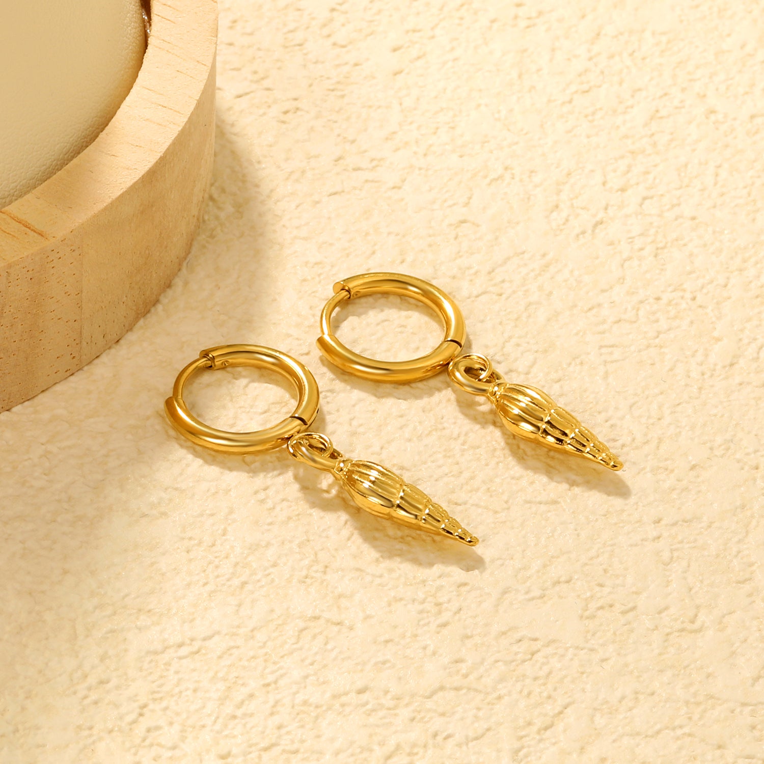 Bulk 18K Gold Plated Coastal Conch Shell Charm Hoop EarringsClose-ups of the gold plating and details