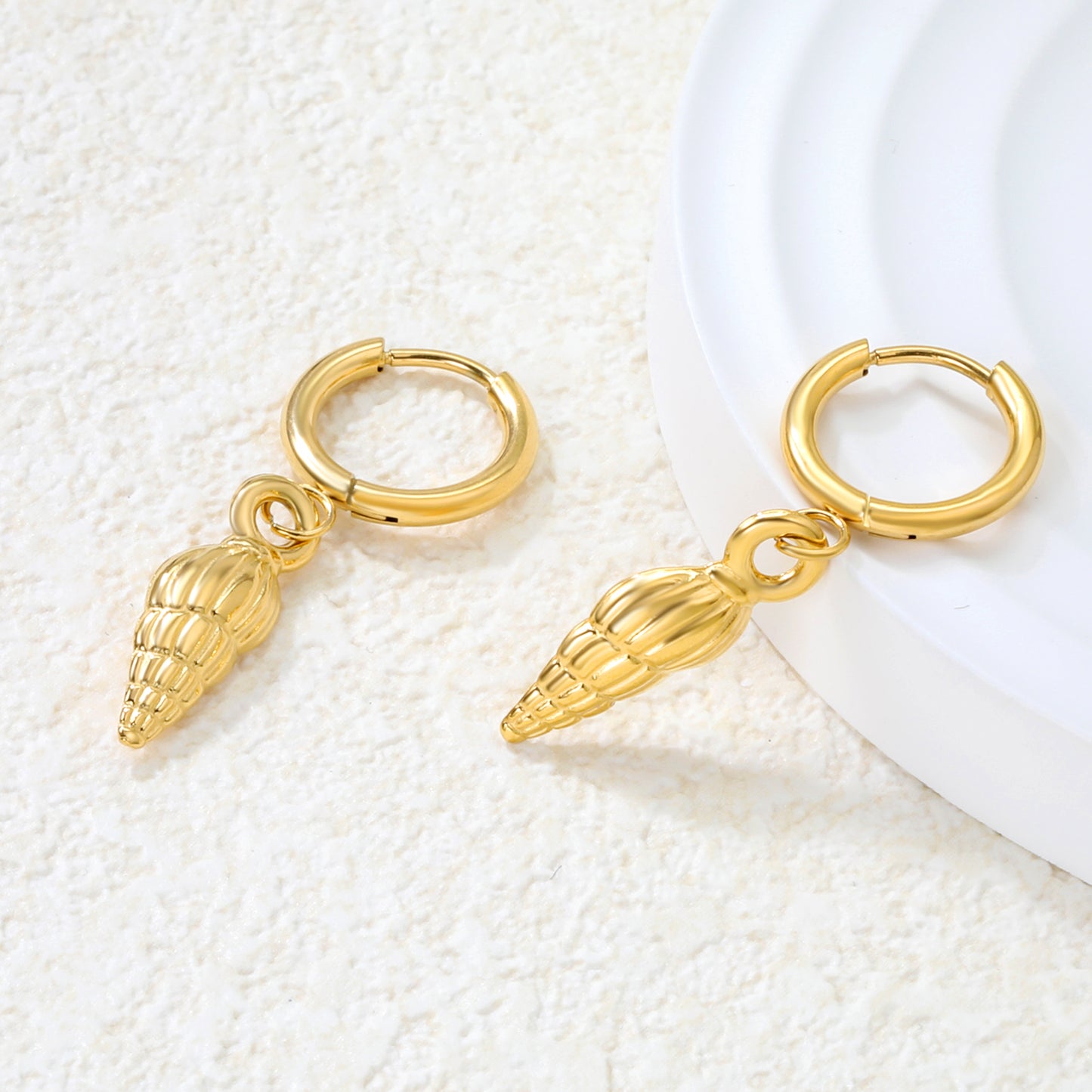 Bulk 18K Gold Plated Coastal Conch Shell Charm Hoop EarringsHigh-resolution Lifestyle Photos