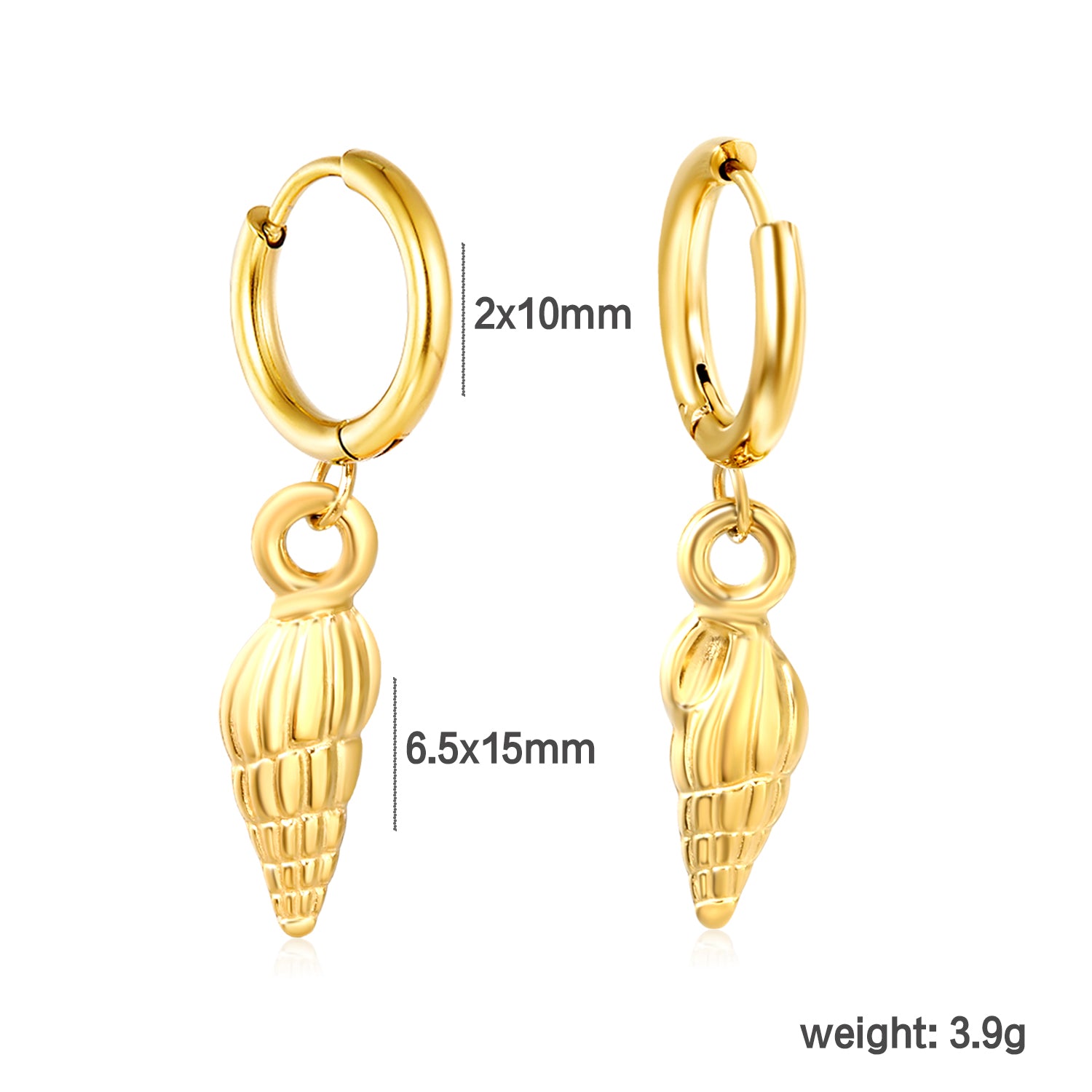 Bulk 18K Gold Plated Coastal Conch Shell Charm Hoop Earringsdimension diagram with measurements
