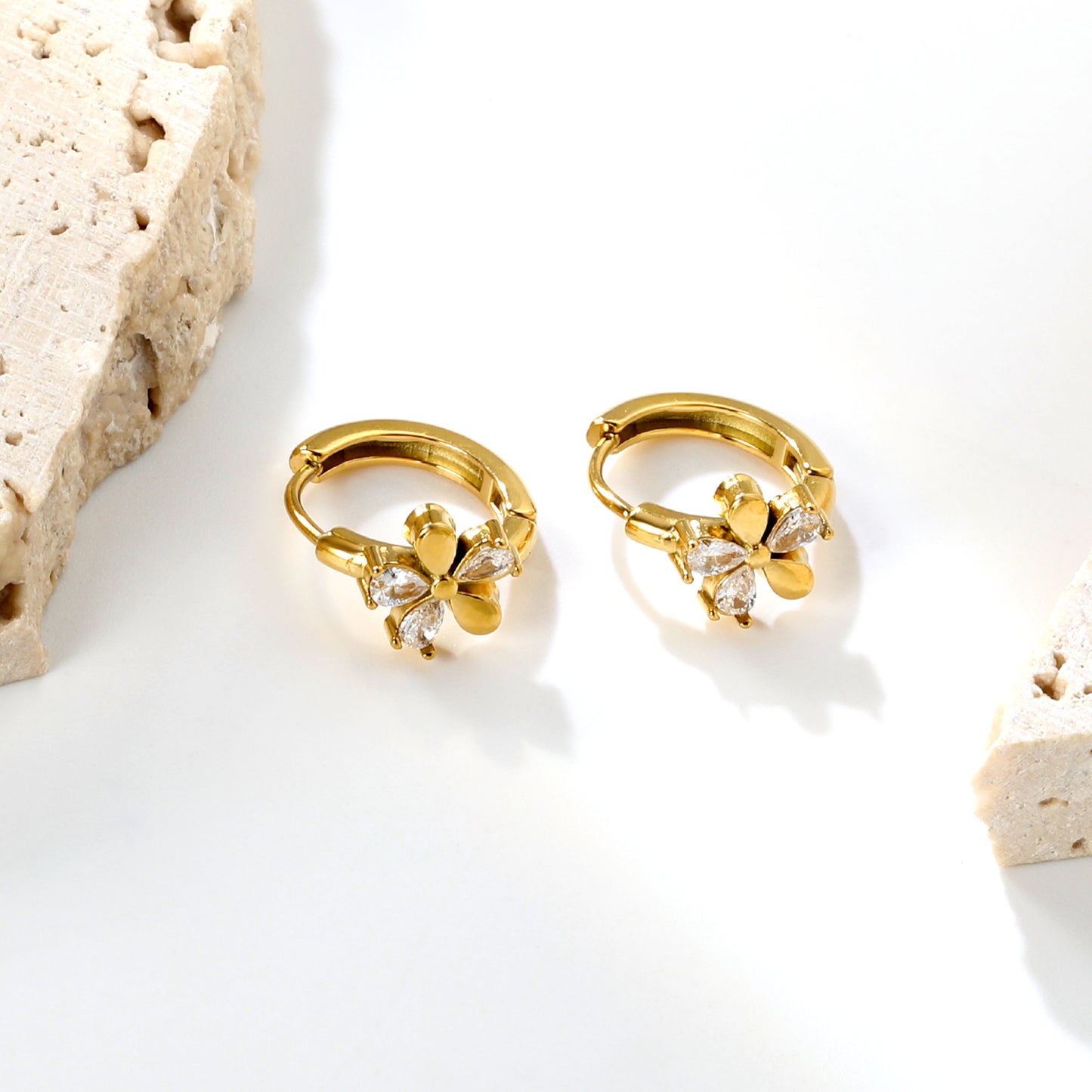 Bulk 18K Gold Plated Delicate Triple Stone Flower Hoop EarringsHigh-resolution Lifestyle Photos