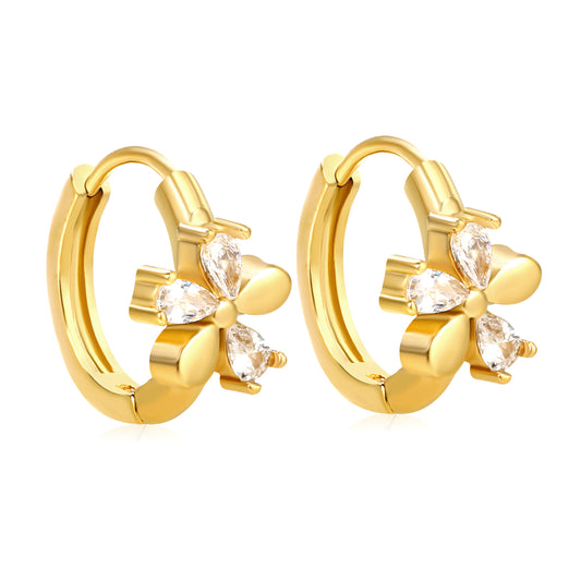 Bulk 18K Gold Plated Delicate Triple Stone Flower Hoop EarringsHigh-resolution on white background
